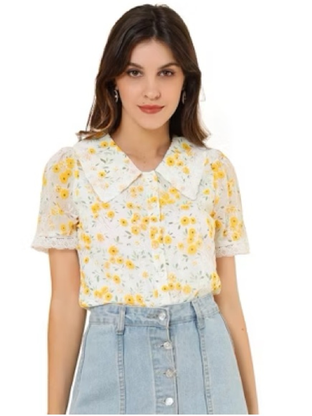 Allegra K White Yellow Floral Lace-Trim Short Sleeve Blouse